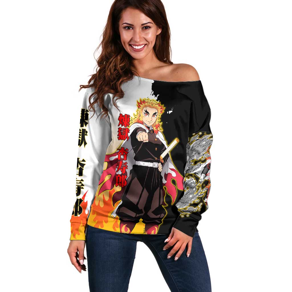 Kyojuro Rengoku from Demon Slayer Off Shoulder Sweater with Black and White Split Design and Fiery Manga Panel Background - The Mazicc