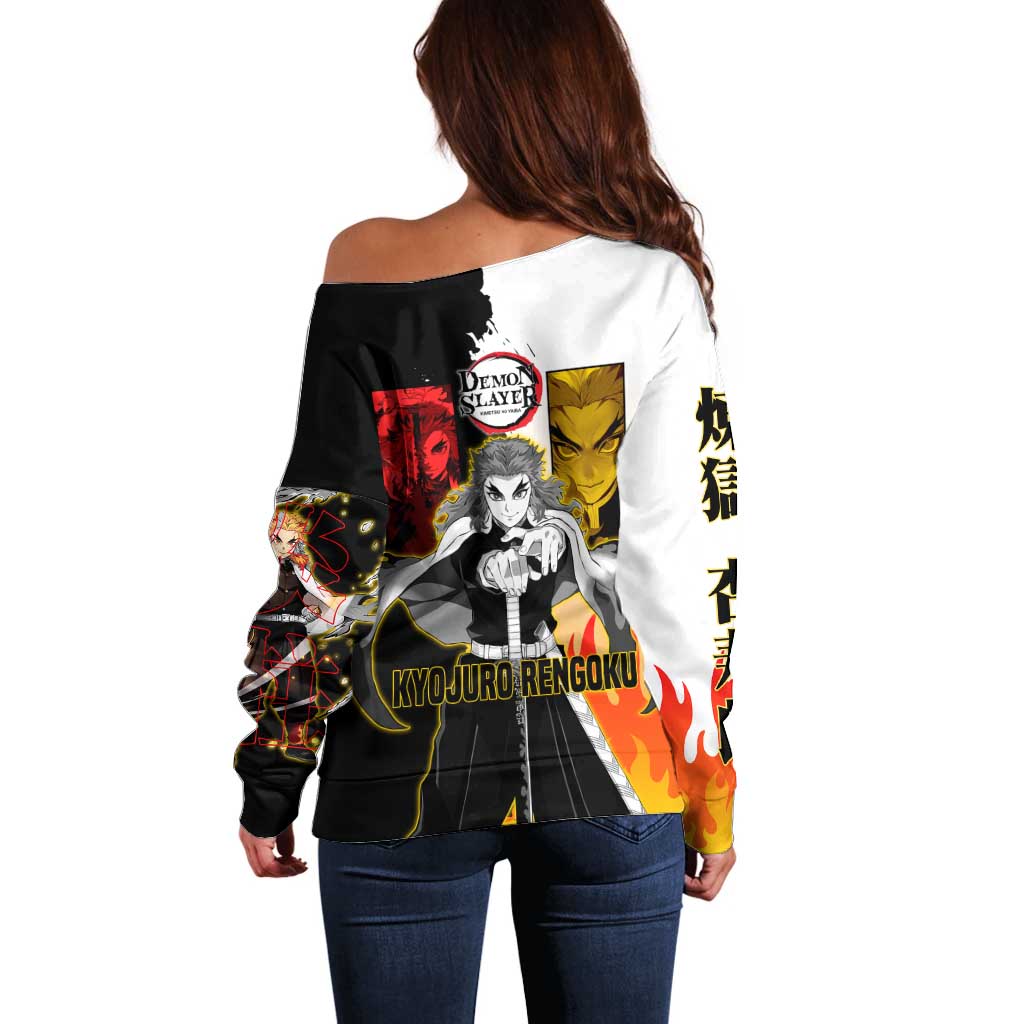 Kyojuro Rengoku from Demon Slayer Off Shoulder Sweater with Black and White Split Design and Fiery Manga Panel Background - The Mazicc