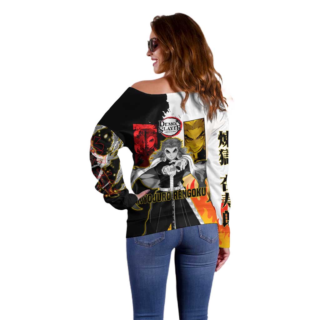 Kyojuro Rengoku from Demon Slayer Off Shoulder Sweater with Black and White Split Design and Fiery Manga Panel Background - The Mazicc