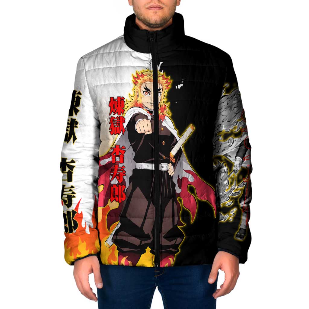 Kyojuro Rengoku from Demon Slayer Padded Jacket with Black and White Split Design and Fiery Manga Panel Background - The Mazicc
