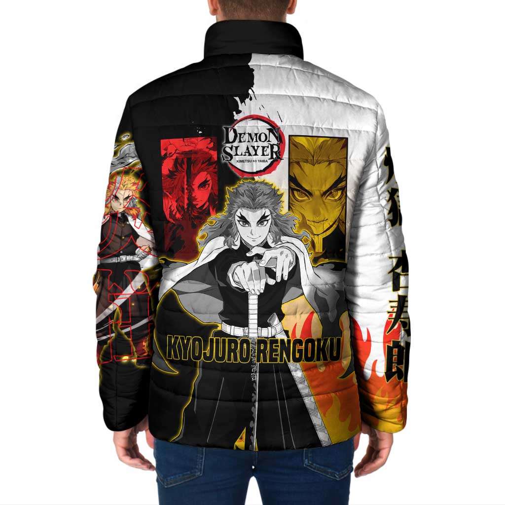 Kyojuro Rengoku from Demon Slayer Padded Jacket with Black and White Split Design and Fiery Manga Panel Background - The Mazicc