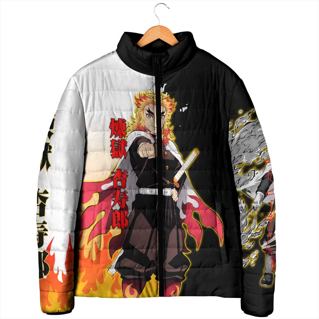 Kyojuro Rengoku from Demon Slayer Padded Jacket with Black and White Split Design and Fiery Manga Panel Background - The Mazicc