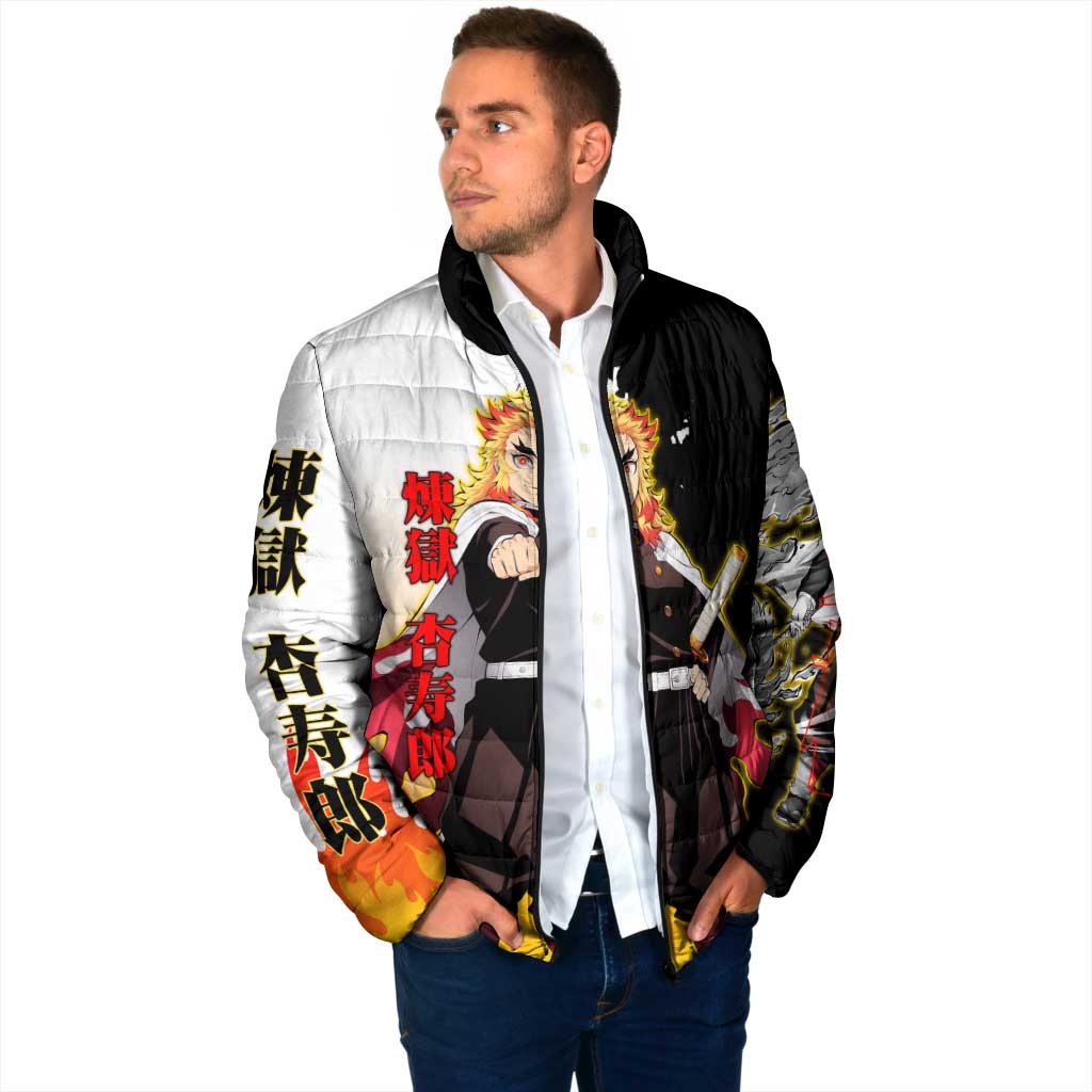 Kyojuro Rengoku from Demon Slayer Padded Jacket with Black and White Split Design and Fiery Manga Panel Background - The Mazicc