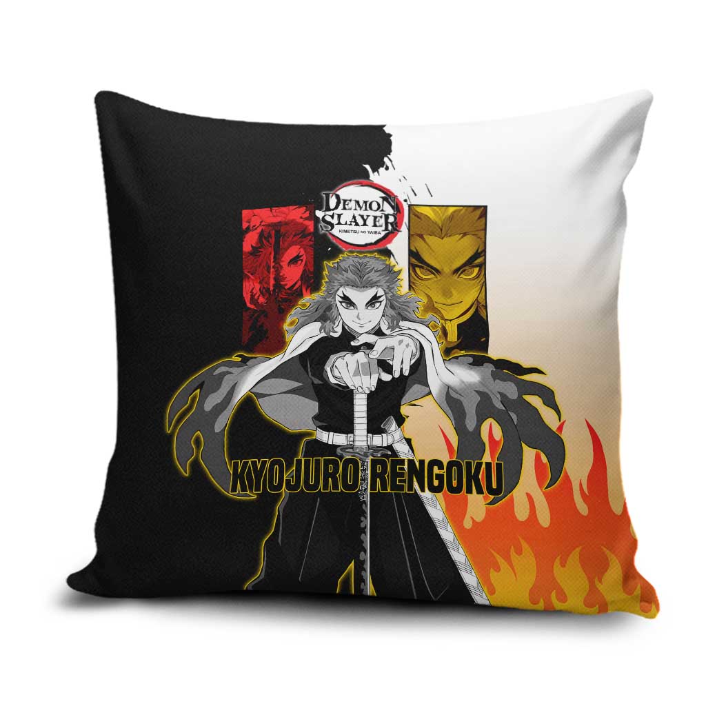 Kyojuro Rengoku from Demon Slayer Pillow Cover with Black and White Split Design and Fiery Manga Panel Background - The Mazicc