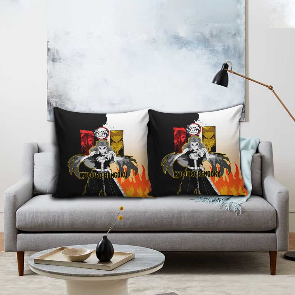 Kyojuro Rengoku from Demon Slayer Pillow Cover with Black and White Split Design and Fiery Manga Panel Background - The Mazicc