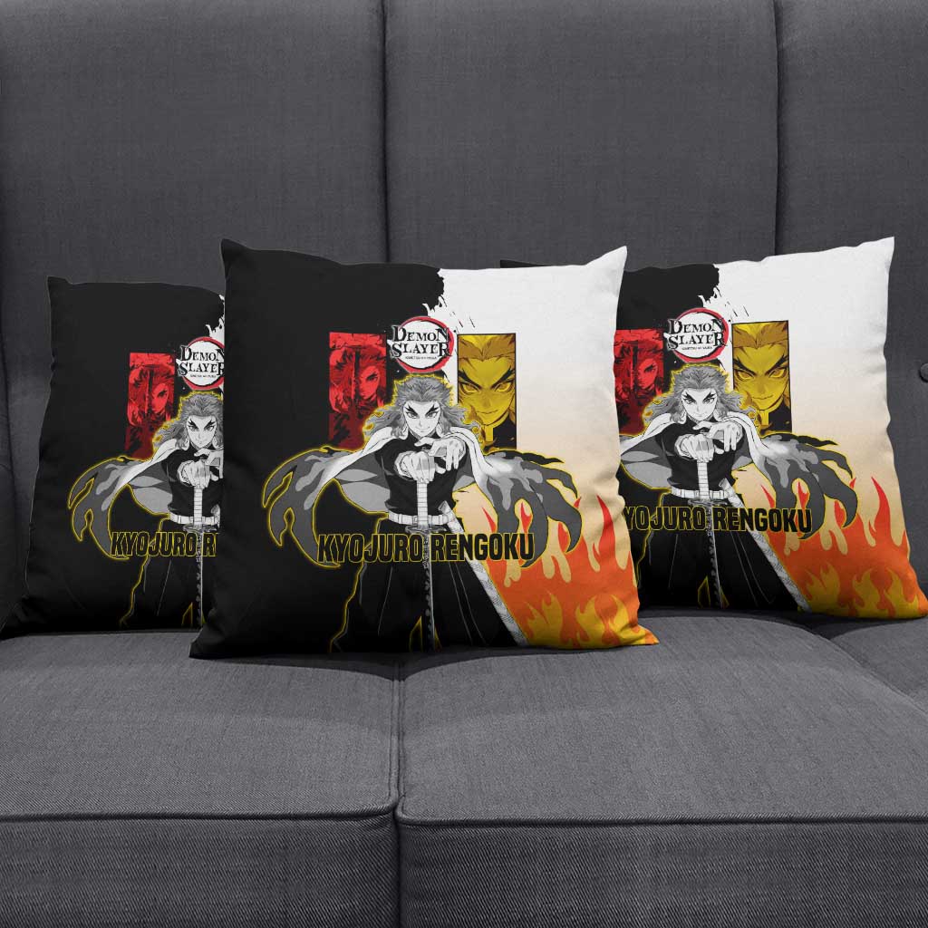Kyojuro Rengoku from Demon Slayer Pillow Cover with Black and White Split Design and Fiery Manga Panel Background - The Mazicc