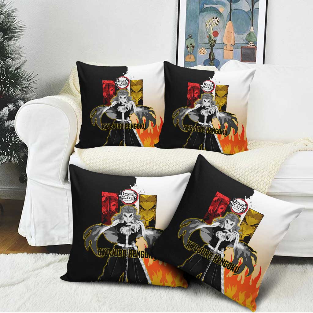 Kyojuro Rengoku from Demon Slayer Pillow Cover with Black and White Split Design and Fiery Manga Panel Background - The Mazicc