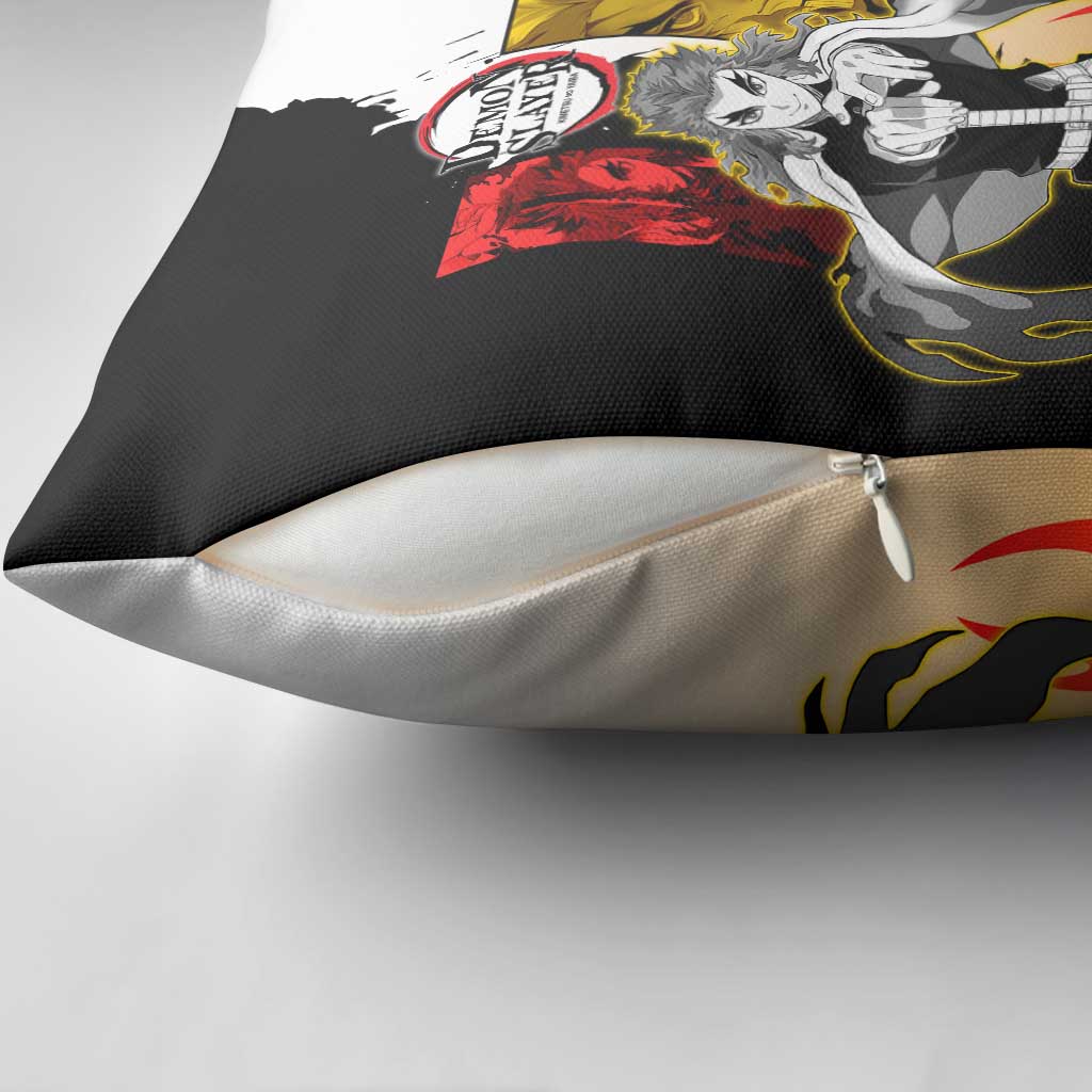 Kyojuro Rengoku from Demon Slayer Pillow Cover with Black and White Split Design and Fiery Manga Panel Background - The Mazicc