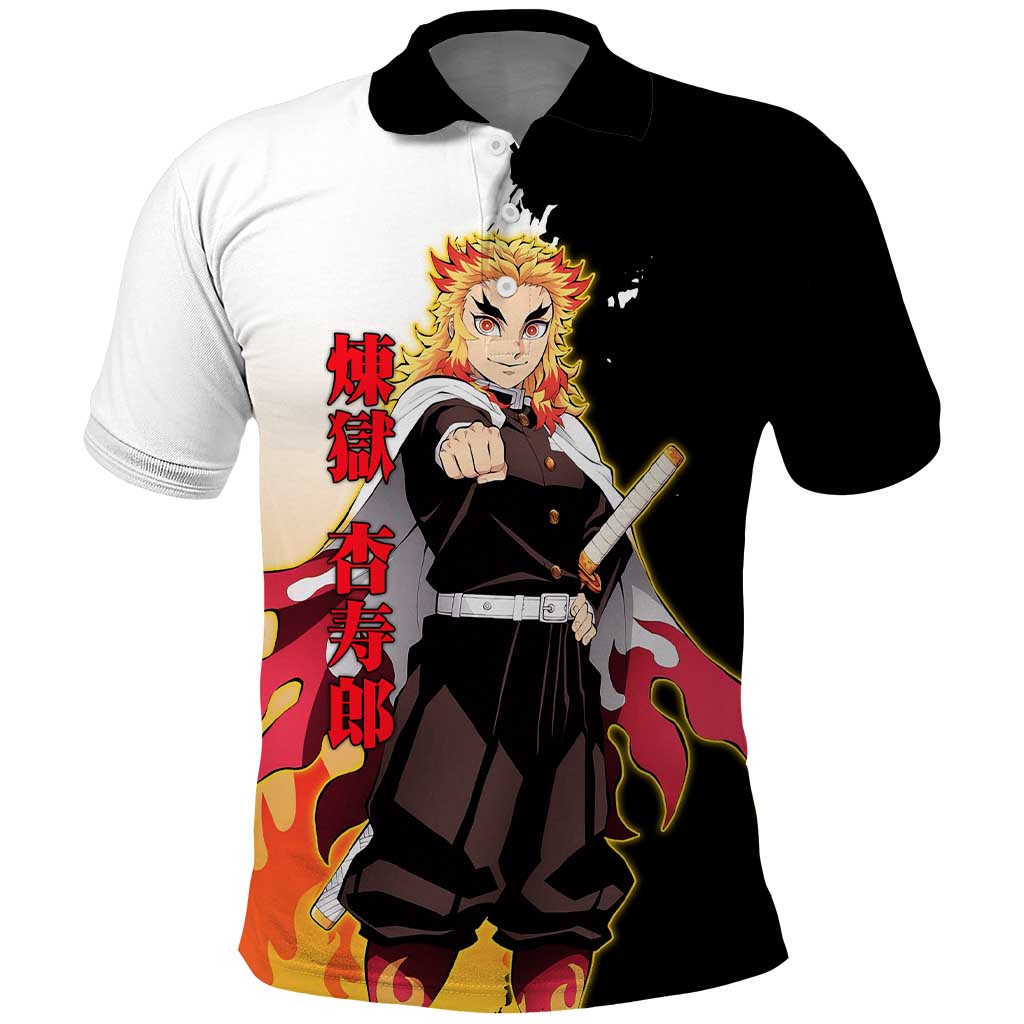 Kyojuro Rengoku from Demon Slayer Polo Shirt with Black and White Split Design and Fiery Manga Panel Background - The Mazicc