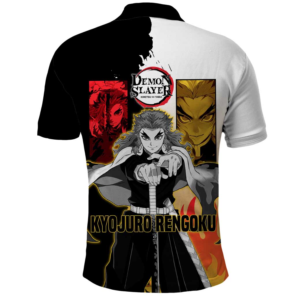 Kyojuro Rengoku from Demon Slayer Polo Shirt with Black and White Split Design and Fiery Manga Panel Background - The Mazicc