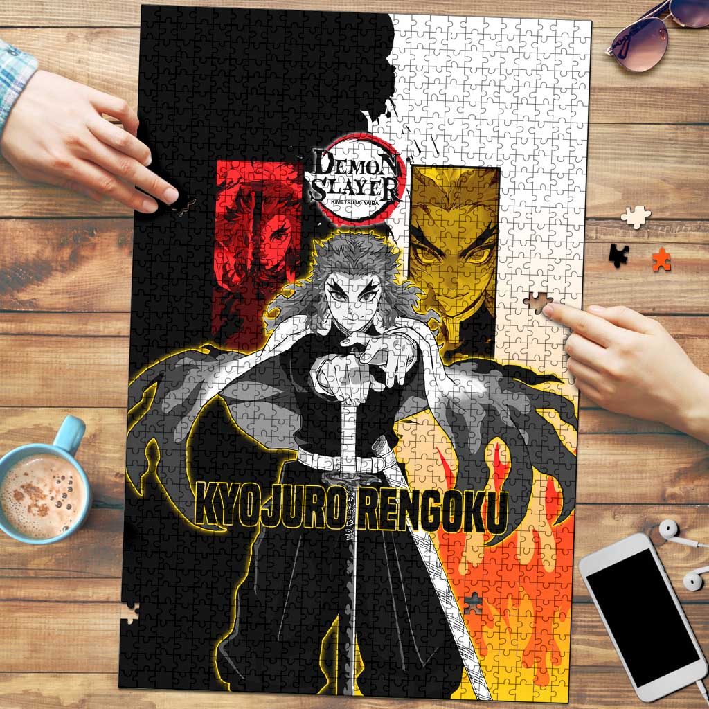 Kyojuro Rengoku from Demon Slayer Puzzle with Black and White Split Design and Fiery Manga Panel Background - The Mazicc