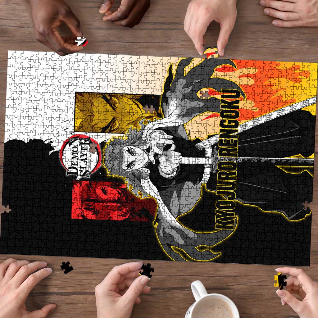 Kyojuro Rengoku from Demon Slayer Puzzle with Black and White Split Design and Fiery Manga Panel Background - The Mazicc