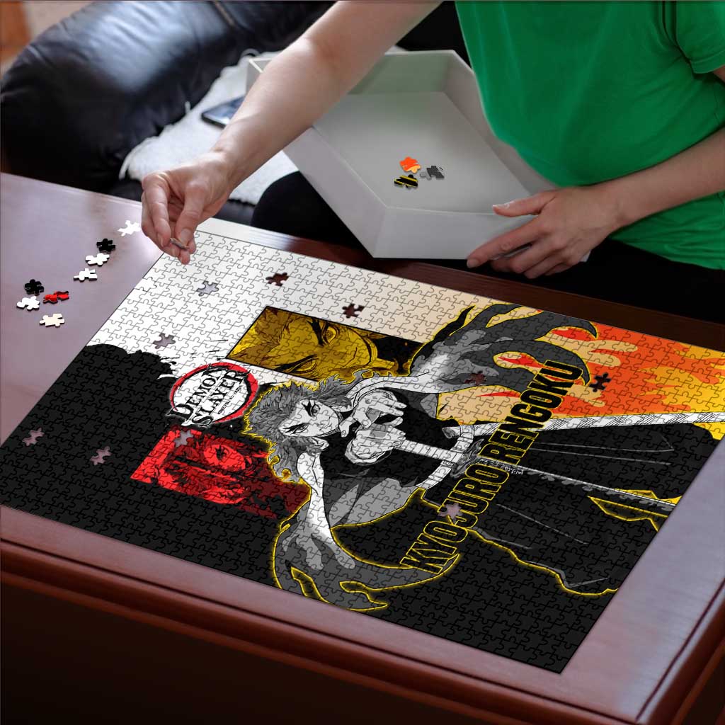 Kyojuro Rengoku from Demon Slayer Puzzle with Black and White Split Design and Fiery Manga Panel Background - The Mazicc