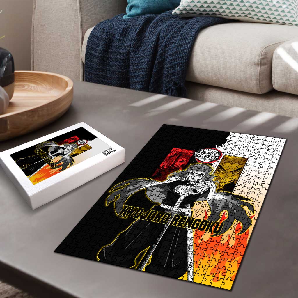 Kyojuro Rengoku from Demon Slayer Puzzle with Black and White Split Design and Fiery Manga Panel Background - The Mazicc