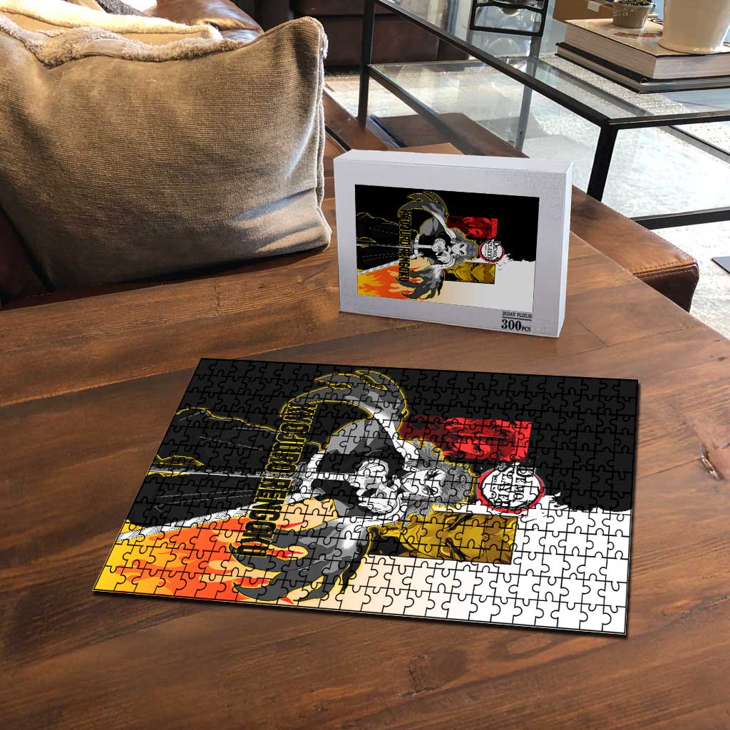 Kyojuro Rengoku from Demon Slayer Puzzle with Black and White Split Design and Fiery Manga Panel Background - The Mazicc