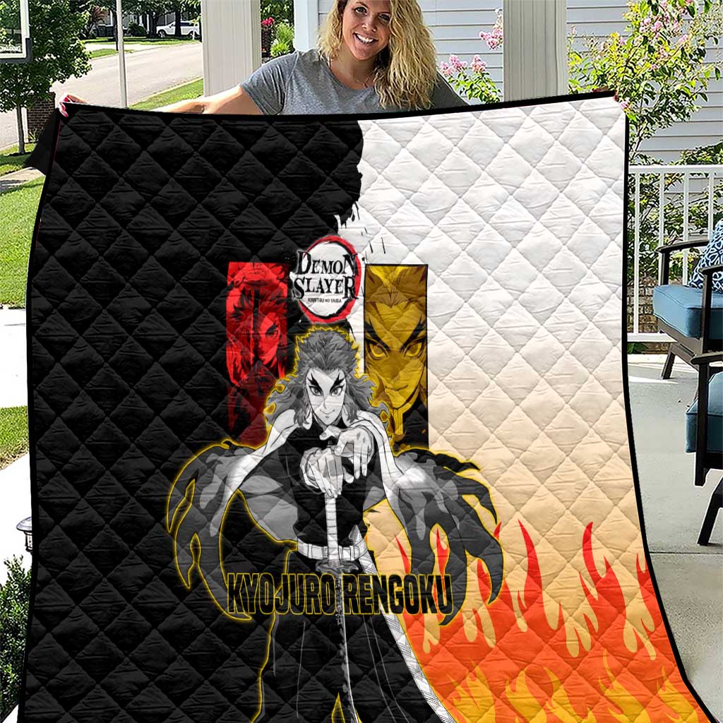 Kyojuro Rengoku from Demon Slayer Quilt with Black and White Split Design and Fiery Manga Panel Background - The Mazicc