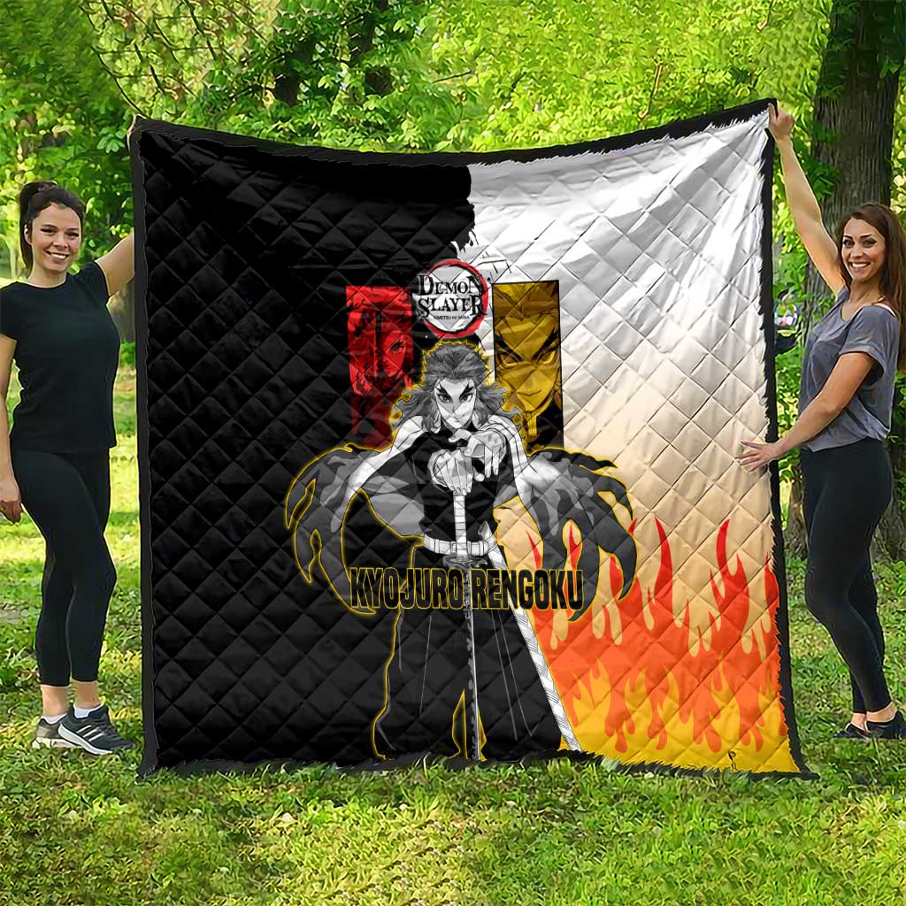 Kyojuro Rengoku from Demon Slayer Quilt with Black and White Split Design and Fiery Manga Panel Background - The Mazicc