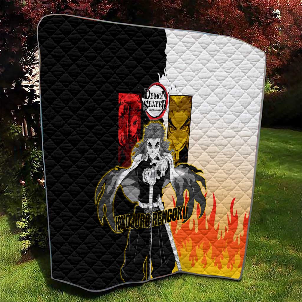 Kyojuro Rengoku from Demon Slayer Quilt with Black and White Split Design and Fiery Manga Panel Background - The Mazicc