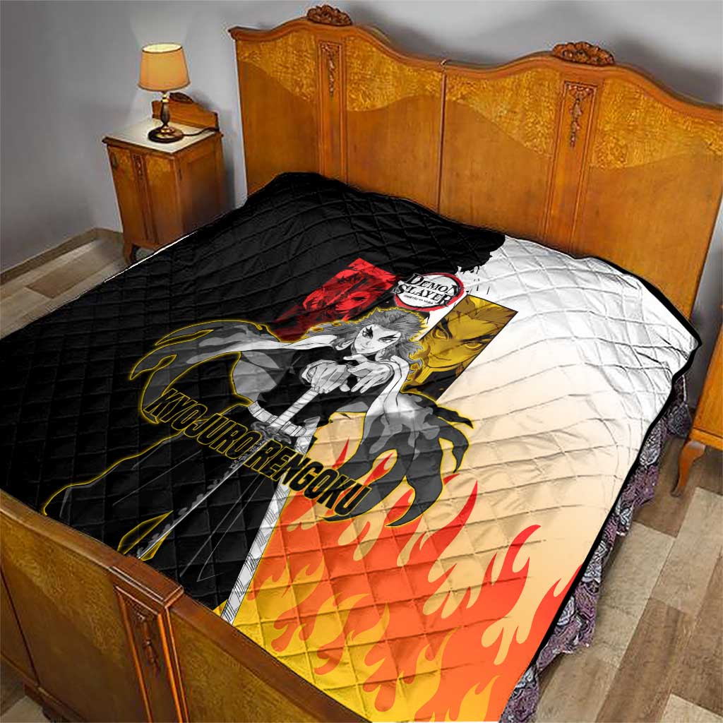 Kyojuro Rengoku from Demon Slayer Quilt with Black and White Split Design and Fiery Manga Panel Background - The Mazicc