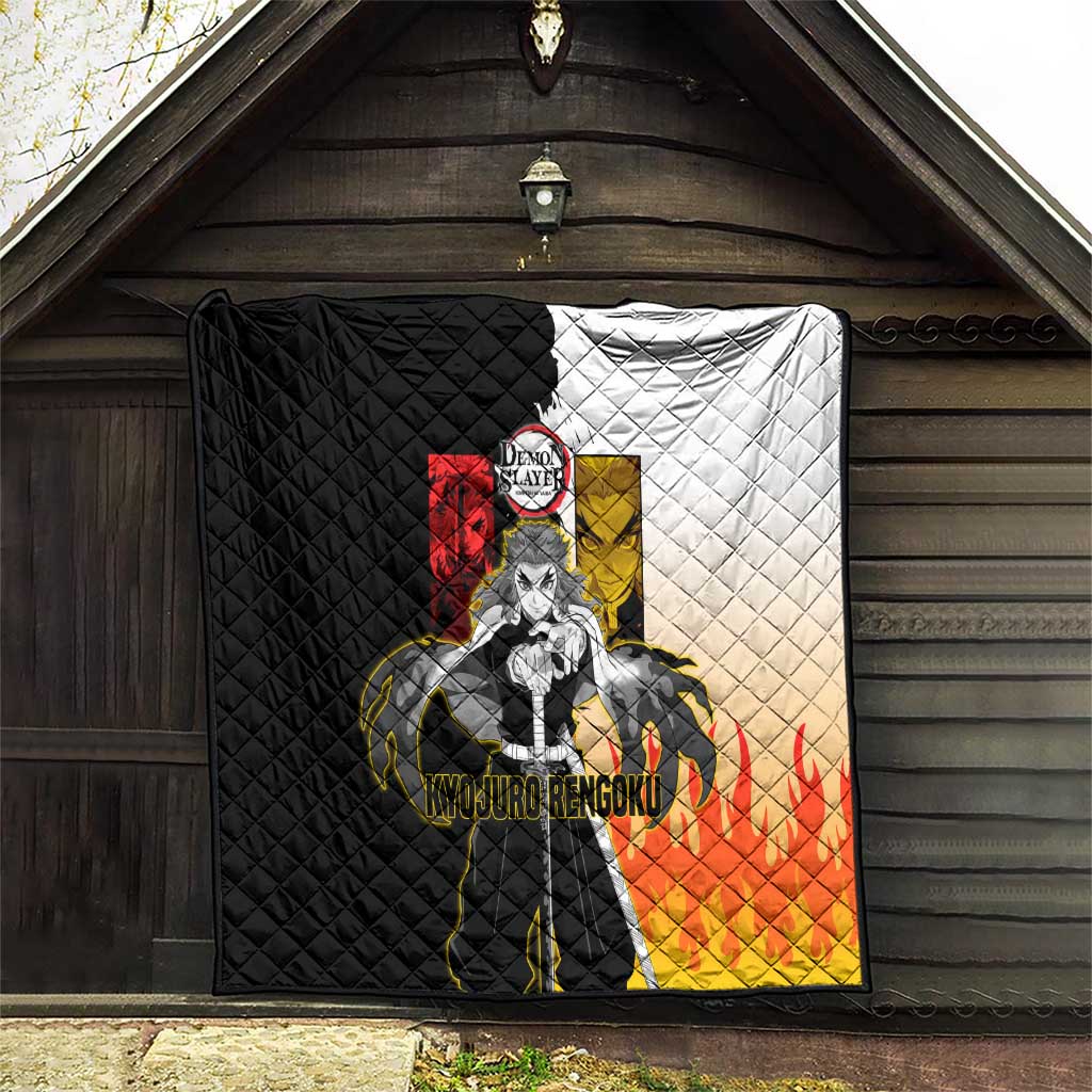 Kyojuro Rengoku from Demon Slayer Quilt with Black and White Split Design and Fiery Manga Panel Background - The Mazicc