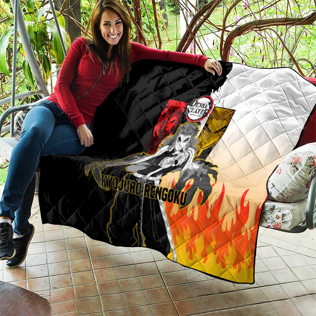 Kyojuro Rengoku from Demon Slayer Quilt with Black and White Split Design and Fiery Manga Panel Background - The Mazicc