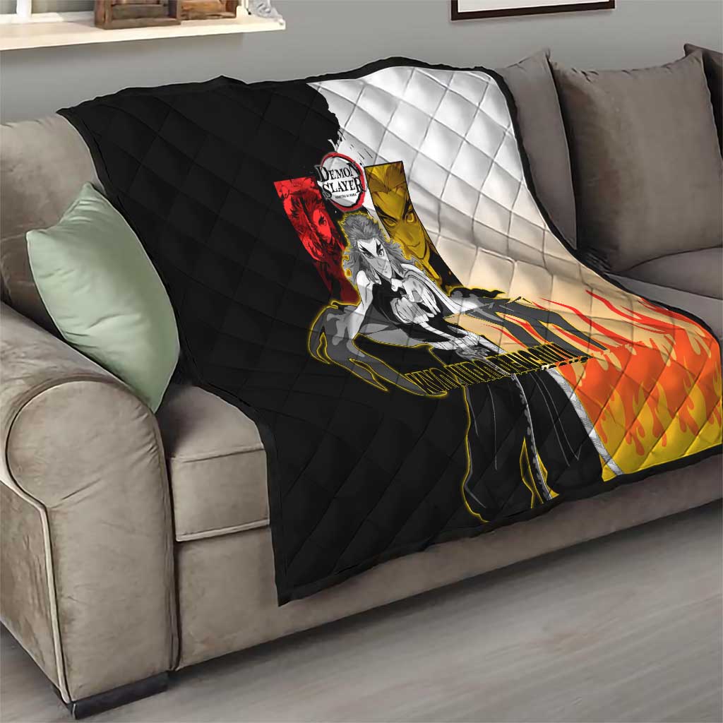 Kyojuro Rengoku from Demon Slayer Quilt with Black and White Split Design and Fiery Manga Panel Background - The Mazicc