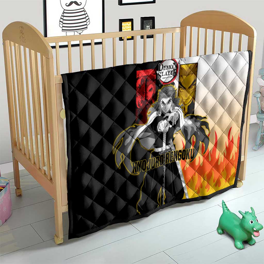 Kyojuro Rengoku from Demon Slayer Quilt with Black and White Split Design and Fiery Manga Panel Background - The Mazicc