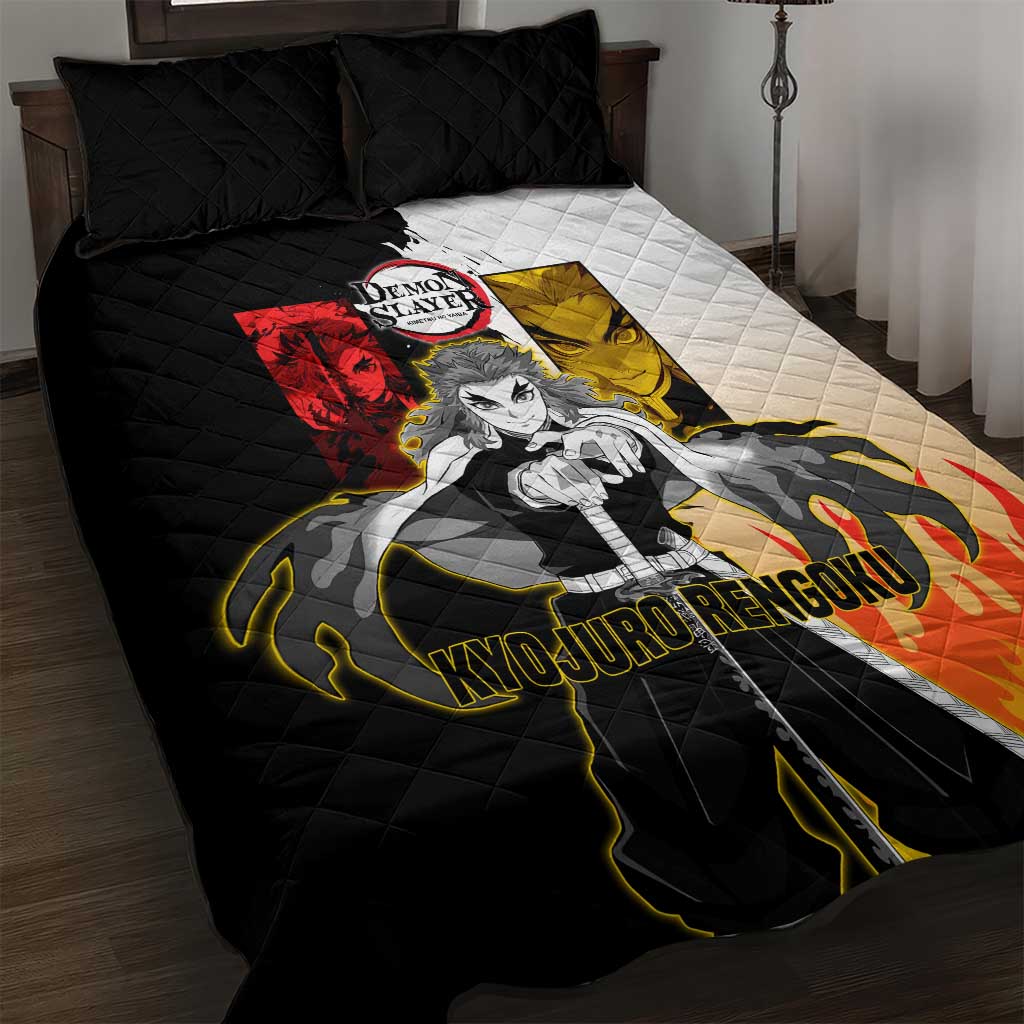 Kyojuro Rengoku from Demon Slayer Quilt Bed Set with Black and White Split Design and Fiery Manga Panel Background - The Mazicc