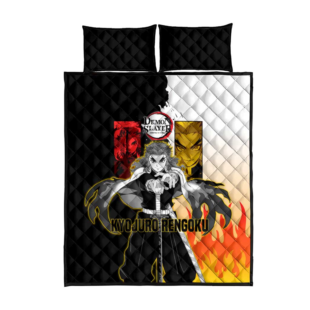 Kyojuro Rengoku from Demon Slayer Quilt Bed Set with Black and White Split Design and Fiery Manga Panel Background - The Mazicc