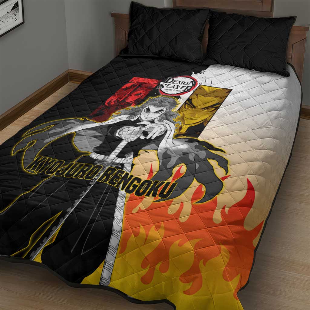 Kyojuro Rengoku from Demon Slayer Quilt Bed Set with Black and White Split Design and Fiery Manga Panel Background - The Mazicc