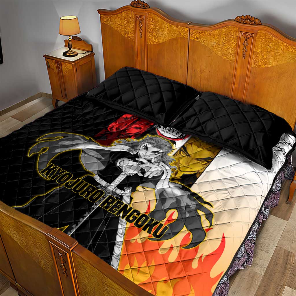 Kyojuro Rengoku from Demon Slayer Quilt Bed Set with Black and White Split Design and Fiery Manga Panel Background - The Mazicc