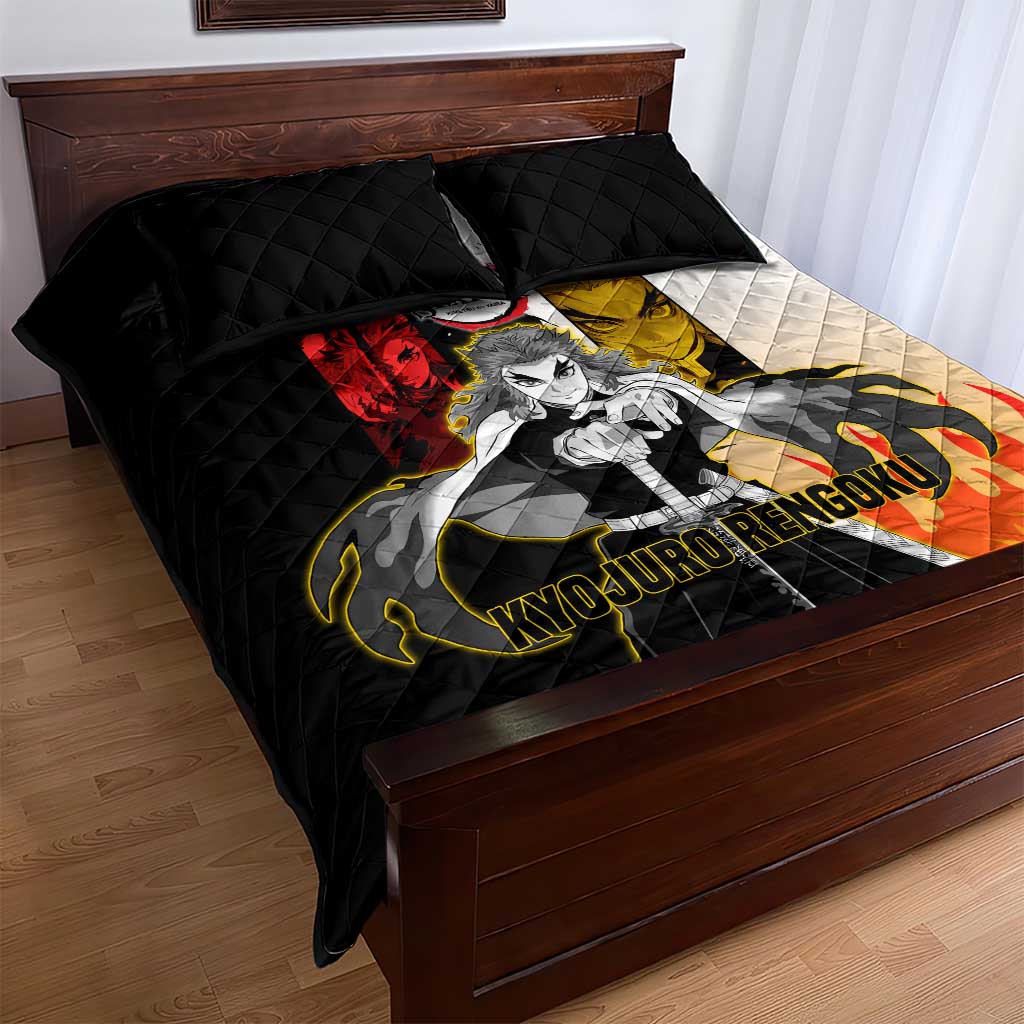 Kyojuro Rengoku from Demon Slayer Quilt Bed Set with Black and White Split Design and Fiery Manga Panel Background - The Mazicc