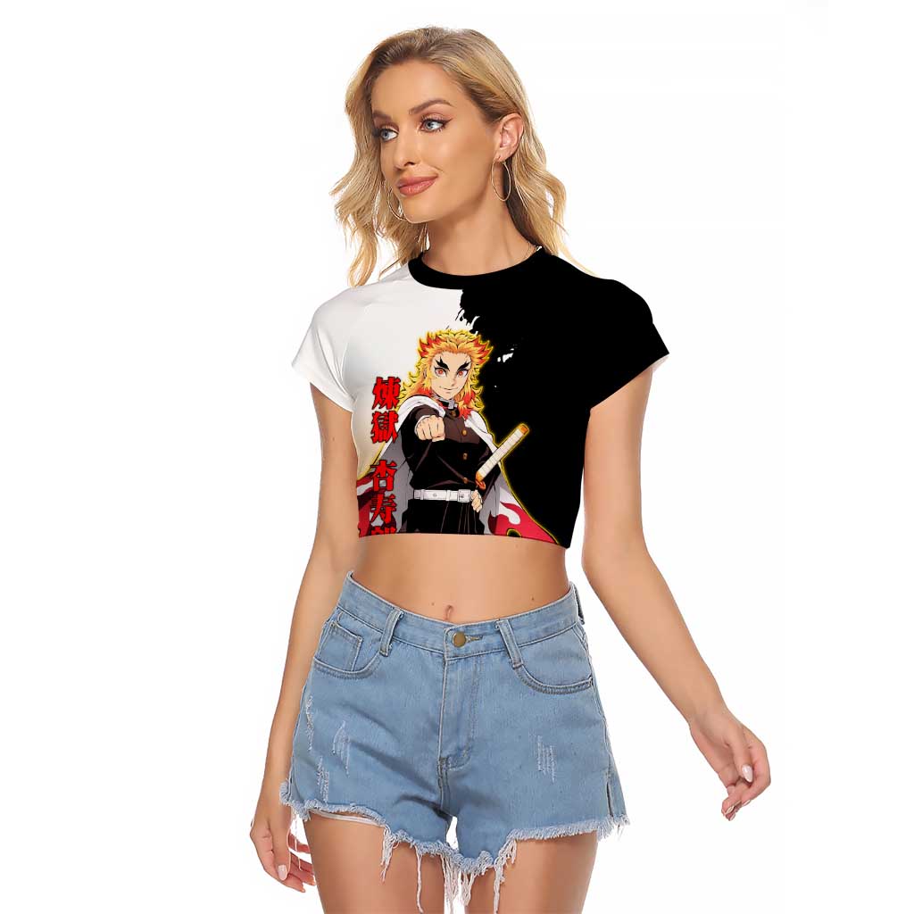 Kyojuro Rengoku from Demon Slayer Raglan Cropped T Shirt with Black and White Split Design and Fiery Manga Panel Background - The Mazicc