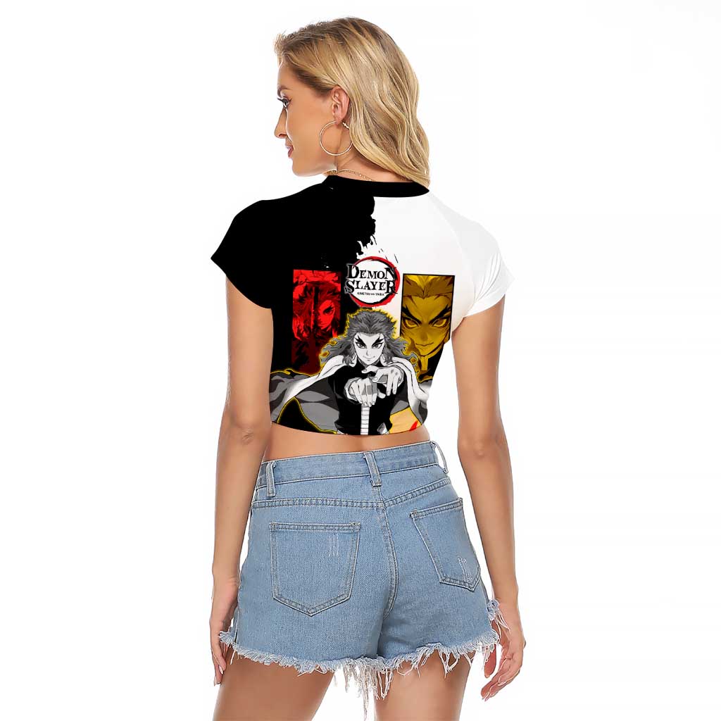 Kyojuro Rengoku from Demon Slayer Raglan Cropped T Shirt with Black and White Split Design and Fiery Manga Panel Background - The Mazicc