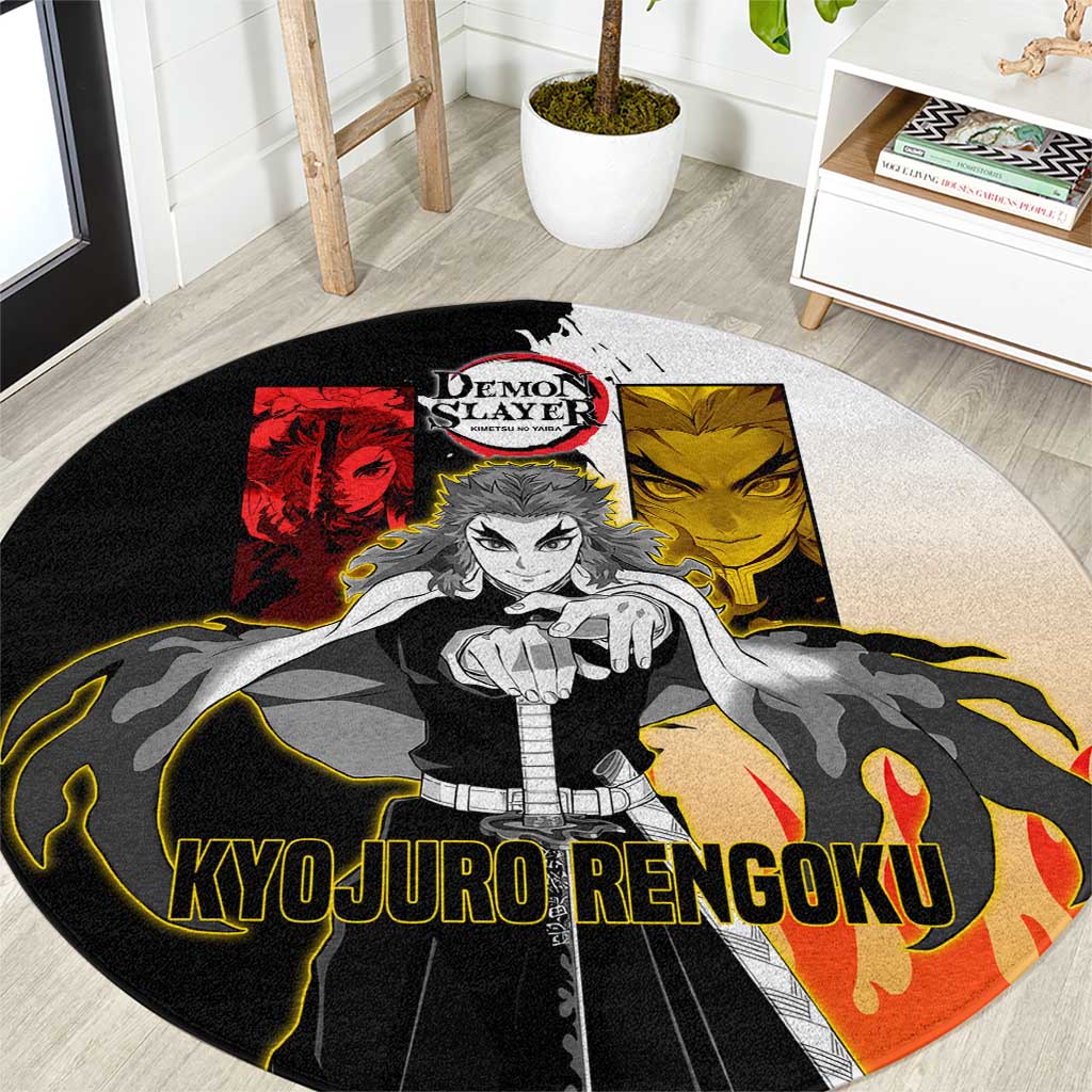 Kyojuro Rengoku from Demon Slayer Round Carpet with Black and White Split Design and Fiery Manga Panel Background - The Mazicc