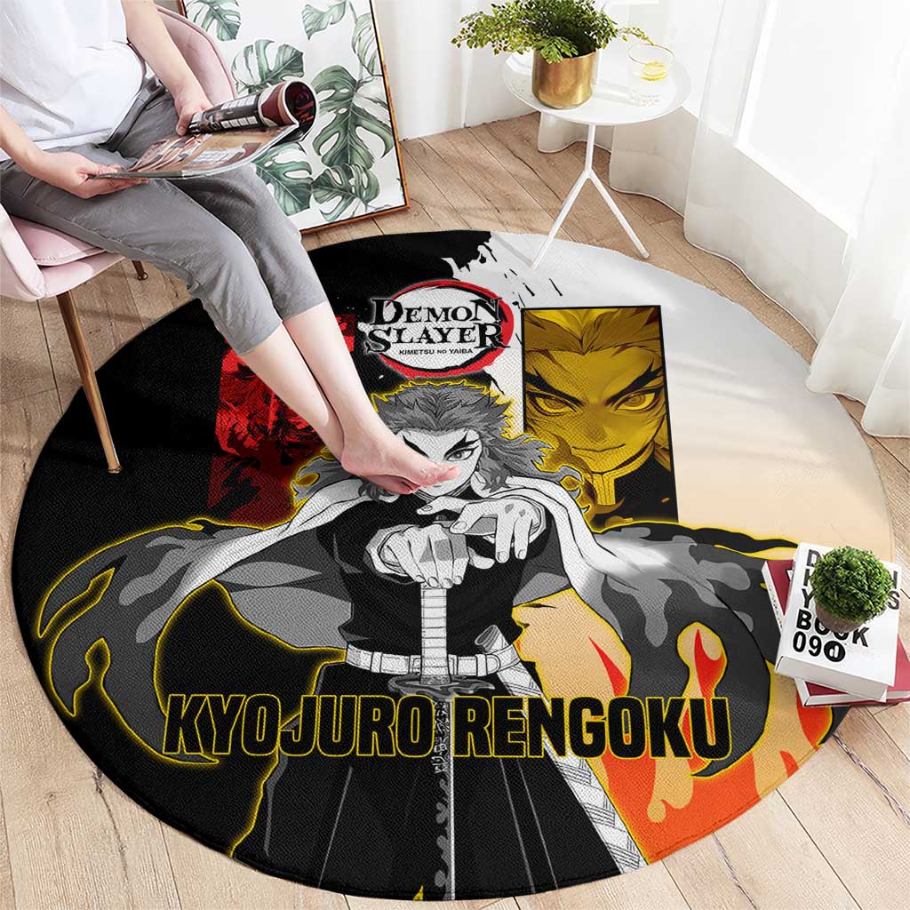 Kyojuro Rengoku from Demon Slayer Round Carpet with Black and White Split Design and Fiery Manga Panel Background - The Mazicc