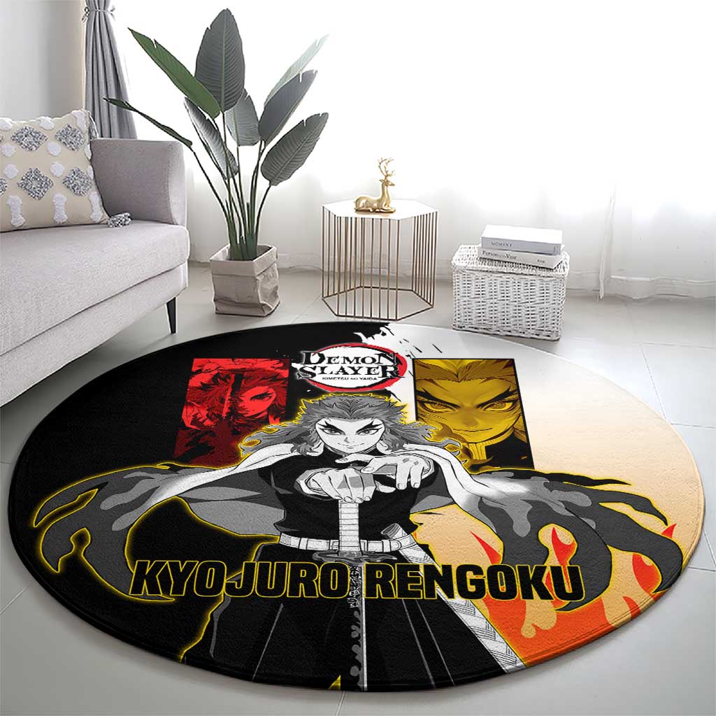 Kyojuro Rengoku from Demon Slayer Round Carpet with Black and White Split Design and Fiery Manga Panel Background - The Mazicc