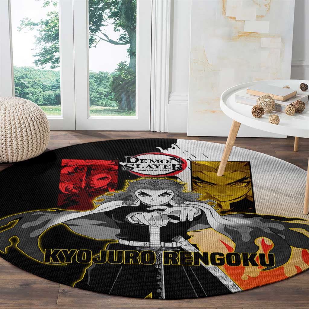 Kyojuro Rengoku from Demon Slayer Round Carpet with Black and White Split Design and Fiery Manga Panel Background - The Mazicc