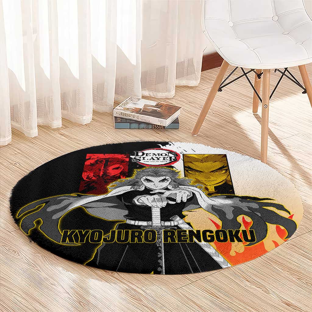 Kyojuro Rengoku from Demon Slayer Round Carpet with Black and White Split Design and Fiery Manga Panel Background - The Mazicc