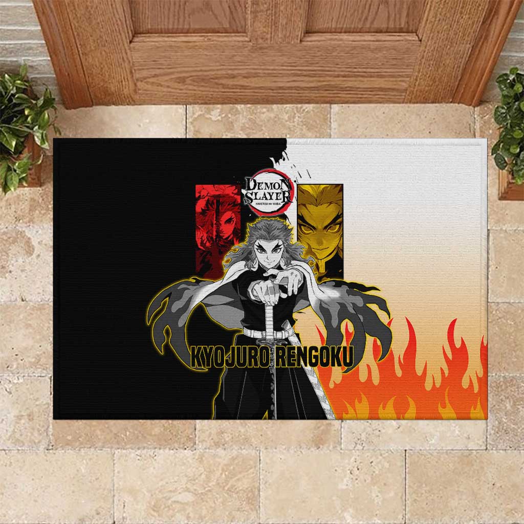 Kyojuro Rengoku from Demon Slayer Rubber Doormat with Black and White Split Design and Fiery Manga Panel Background - The Mazicc