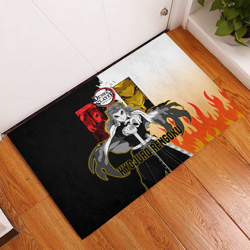 Kyojuro Rengoku from Demon Slayer Rubber Doormat with Black and White Split Design and Fiery Manga Panel Background - The Mazicc