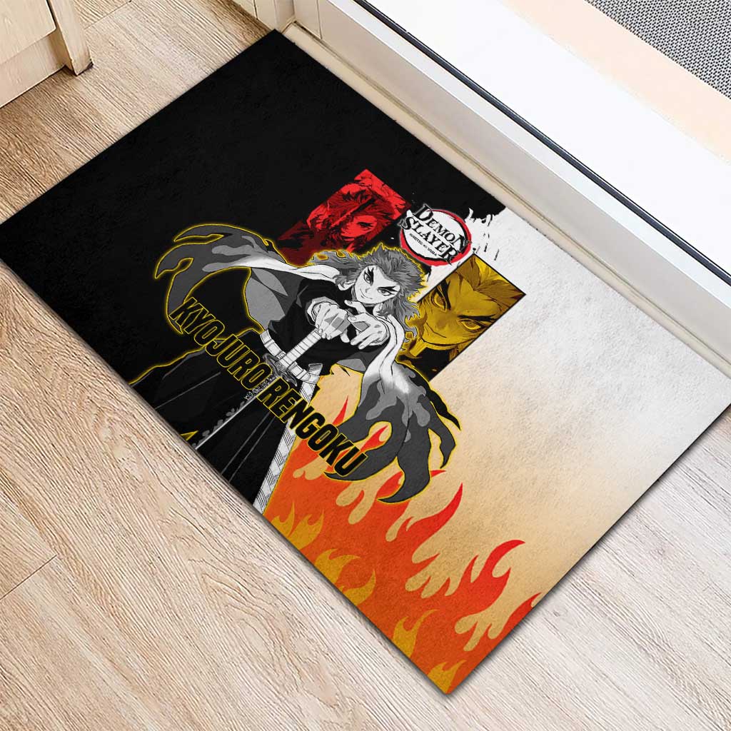 Kyojuro Rengoku from Demon Slayer Rubber Doormat with Black and White Split Design and Fiery Manga Panel Background - The Mazicc