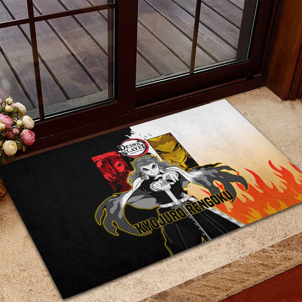 Kyojuro Rengoku from Demon Slayer Rubber Doormat with Black and White Split Design and Fiery Manga Panel Background - The Mazicc