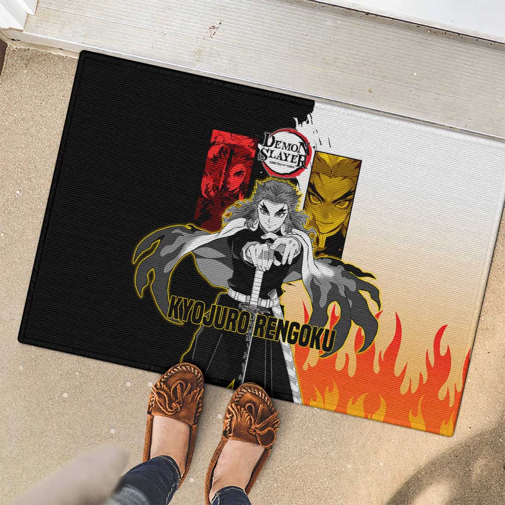 Kyojuro Rengoku from Demon Slayer Rubber Doormat with Black and White Split Design and Fiery Manga Panel Background - The Mazicc