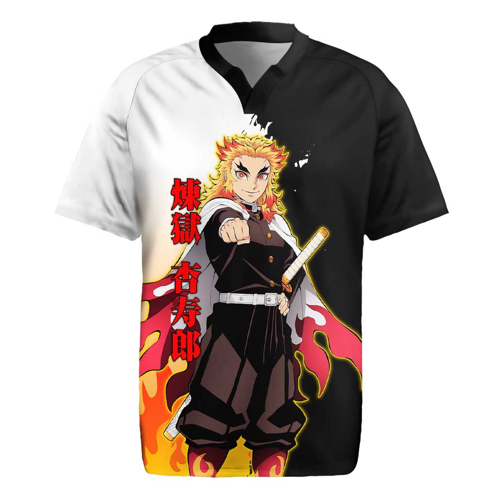 Kyojuro Rengoku from Demon Slayer Rugby Jersey with Black and White Split Design and Fiery Manga Panel Background - The Mazicc