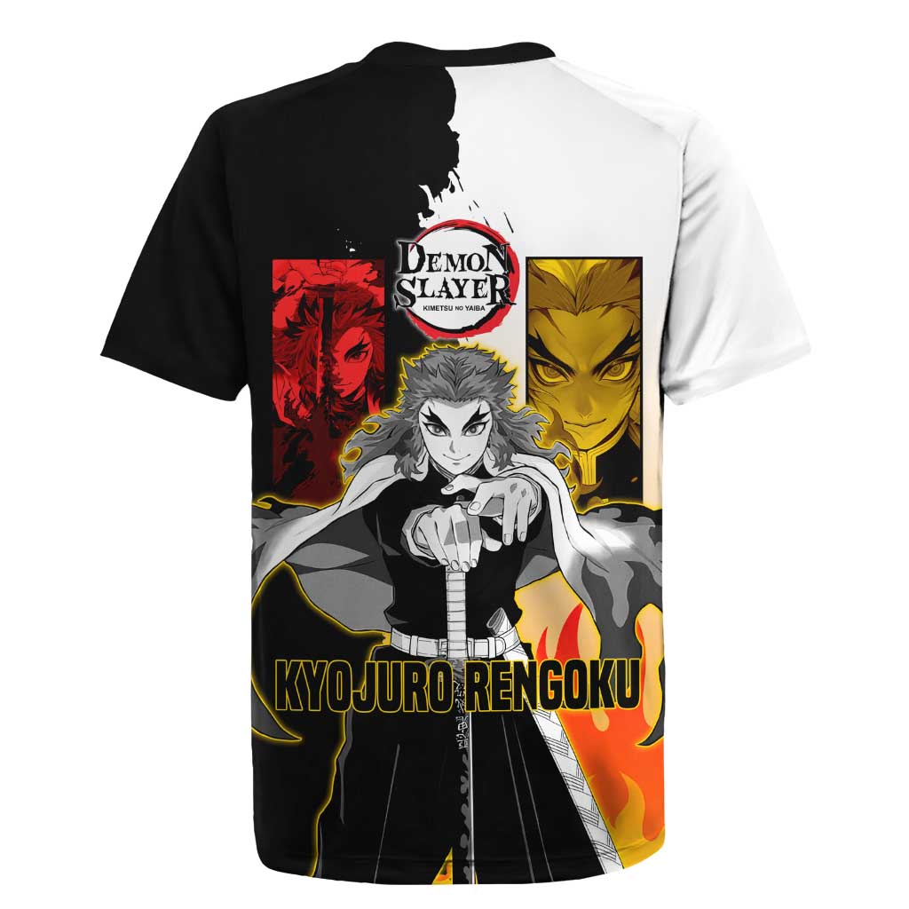 Kyojuro Rengoku from Demon Slayer Rugby Jersey with Black and White Split Design and Fiery Manga Panel Background - The Mazicc