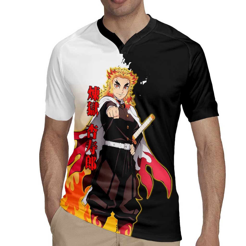 Kyojuro Rengoku from Demon Slayer Rugby Jersey with Black and White Split Design and Fiery Manga Panel Background - The Mazicc