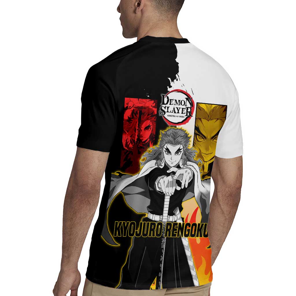 Kyojuro Rengoku from Demon Slayer Rugby Jersey with Black and White Split Design and Fiery Manga Panel Background - The Mazicc