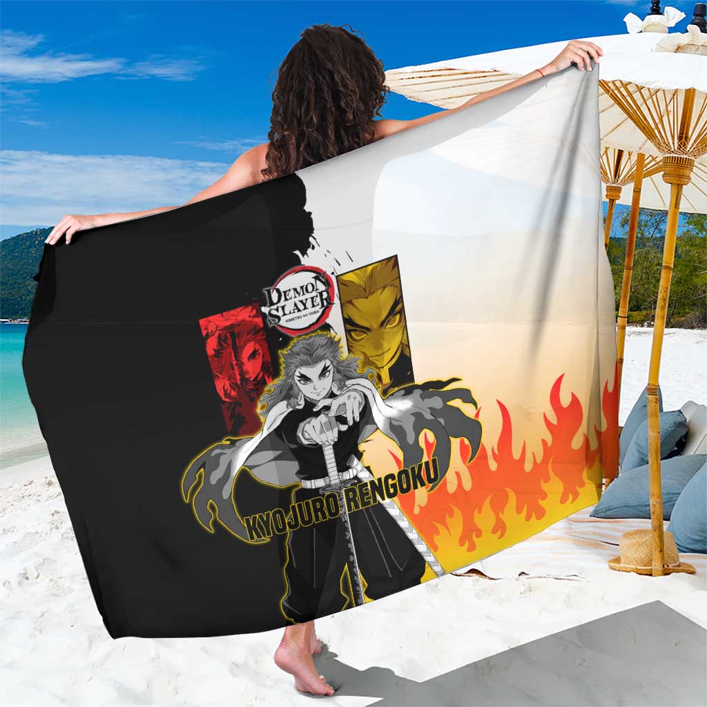 Kyojuro Rengoku from Demon Slayer Sarong with Black and White Split Design and Fiery Manga Panel Background - The Mazicc