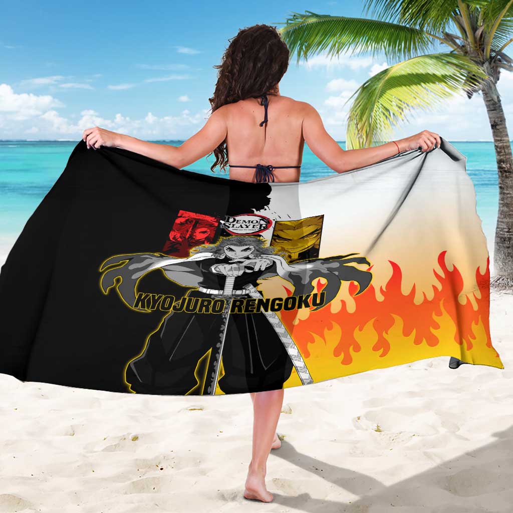 Kyojuro Rengoku from Demon Slayer Sarong with Black and White Split Design and Fiery Manga Panel Background - The Mazicc